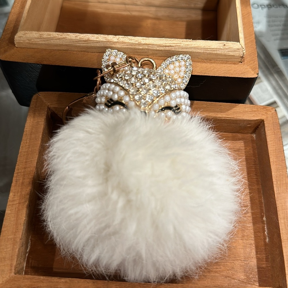 Lovely Fox Head Rhinestone Fur Plush Purse Charm